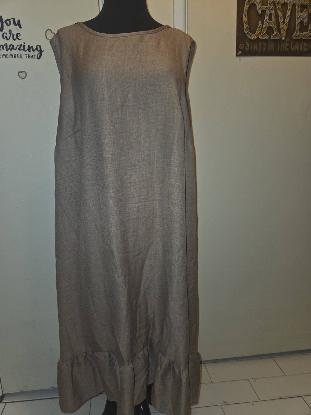 Sleeveless Taupe Ruffle-Hem Maxi Dress